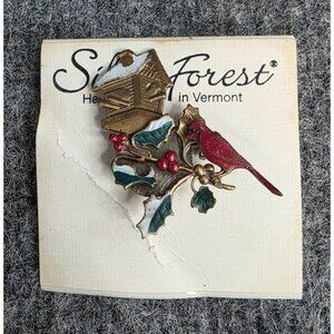 Silver Forest Cardinal Birdhouse Holly Brooch Pin Wearable Art Handcrafted USA